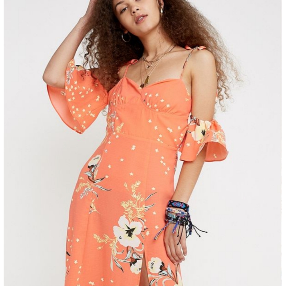 Coral Floral Off Shoulder Ruffle Romantic Summer Dress - Urban Outfitters XS